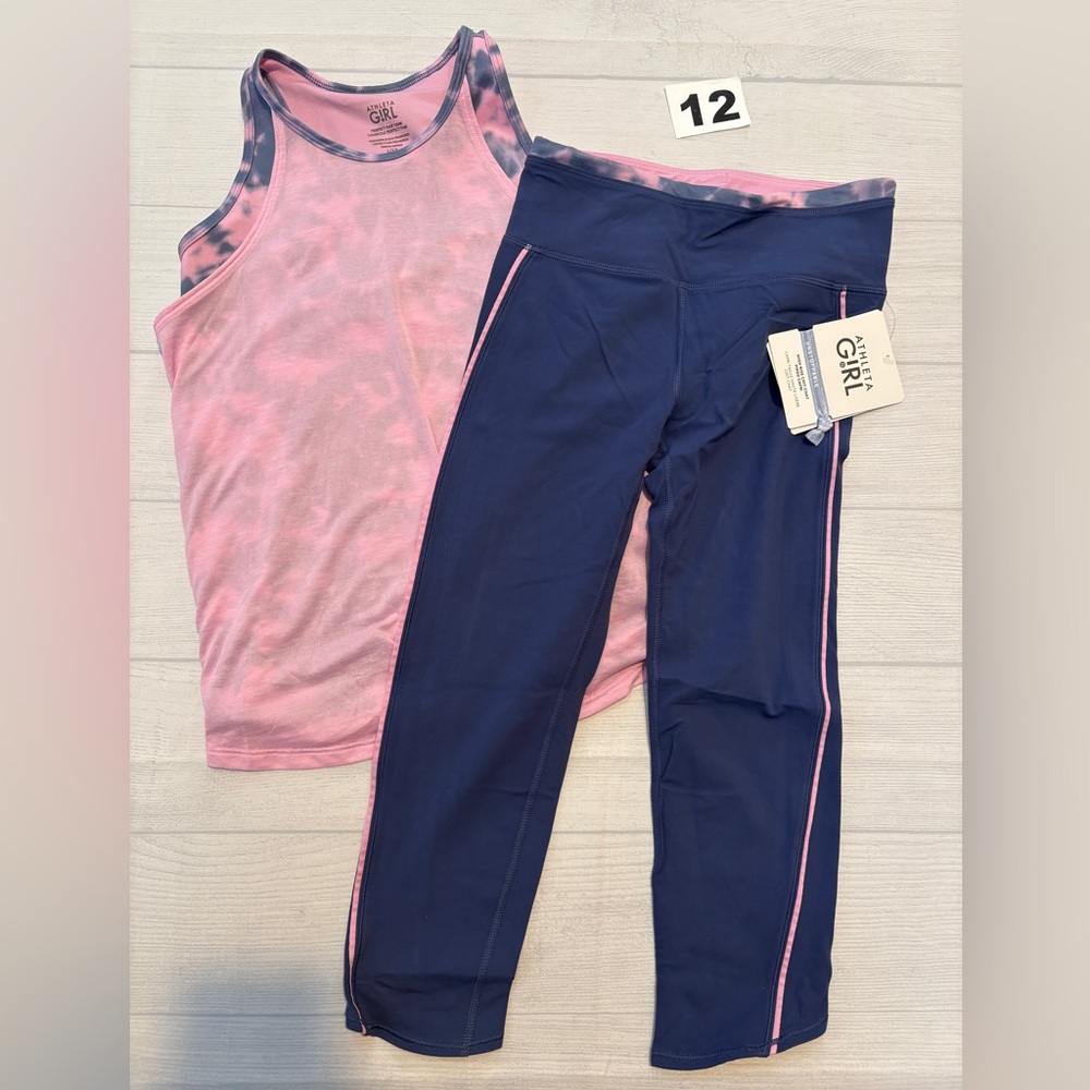 Athleta Girl Navy Leggings with Pink Tie-Dye Trim and Pink Tank
